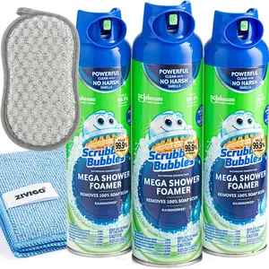 3 Scrubbing-Bubles Mega Shower Foamer Rain shower 20 Ounce (Pack of 3) - Bundle with 1 zvigo-Microfiber Cleaning Cloth + 1 Duvilo Dual Sided Scrubbing Sponge.