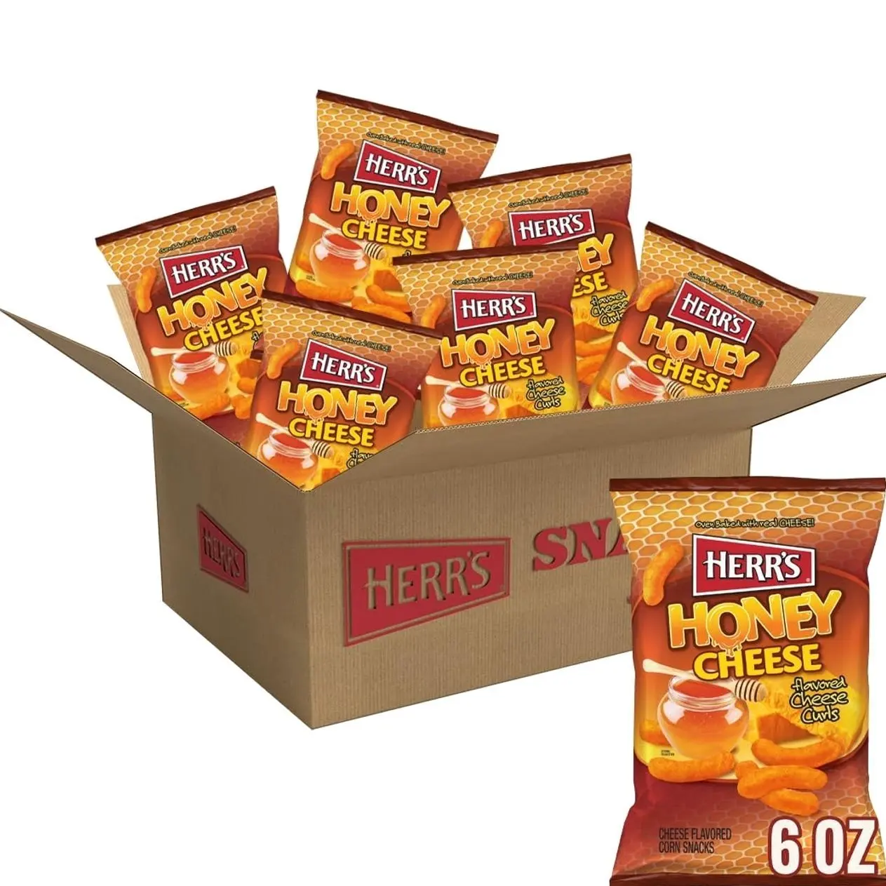 Herr’s Cheese Curls, Honey Cheese Flavored, Gluten Free Snacks, 6oz Bag (6 Count)