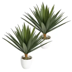 2 Packs 17.5 Inch Artificial Yucca Agave Plant, Faux Succulent with Small White Planter and Pebble Topper, Lifelike Plastic Desert Greenery for Indoor Outdoor Home Patio Garden Decor - No Maintenance