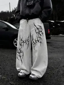 Dark Aesthetic Gothic Baggy Pants for Men - Black Oversized Sweatpants with Thorn Graphic
