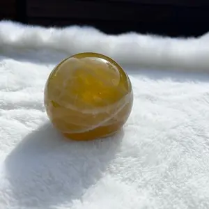 Honey Calcite Crystal Sphere with Flash Carved for Positive Energy and Good Luck Natural Healing Stone