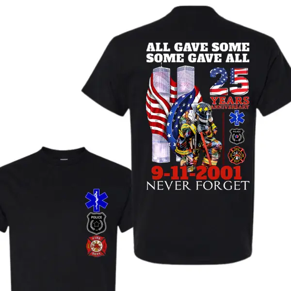 [Made In USA] 9/11 Memorial Graphic Print Crew Neck T-Shirt - 25 Years Anniversary 9/11 Never Forget Unisex Casual Fit Short Sleeves Cotton Patriotic First Responder Tribute Top