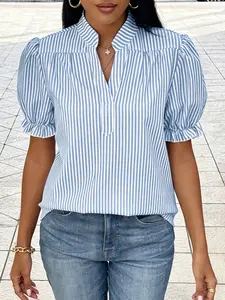 Women's French Style Blue Striped Stand Collar Bubble Hem Short Sleeve Fitted Top, Casual Commuter, Party Wear, Versatile Shirt