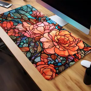 Stained Glass Floral Design Mouse Pad,  1 Count  Rectangle Gaming Mouse Pad, Non-slip Rubber Base Stitched Edge Desk Pad for Desk Laptop Desktop Office Desk Accessories