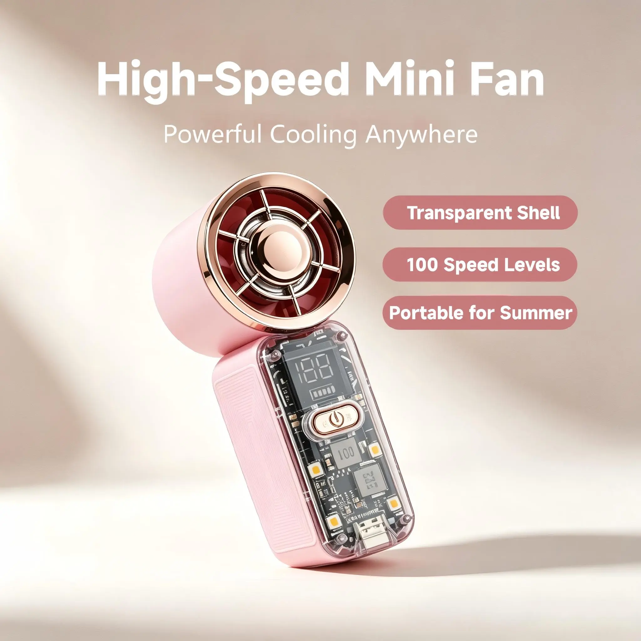 Pocket Handheld Rechargeable Fan, 100-Speed Adjustable High Velocity Cooling Fan, Ultra Low Noise with LED Nightlight, Lightweight Long Battery Life Personal Fan for Outdoor, Hiking, Camping & Travel