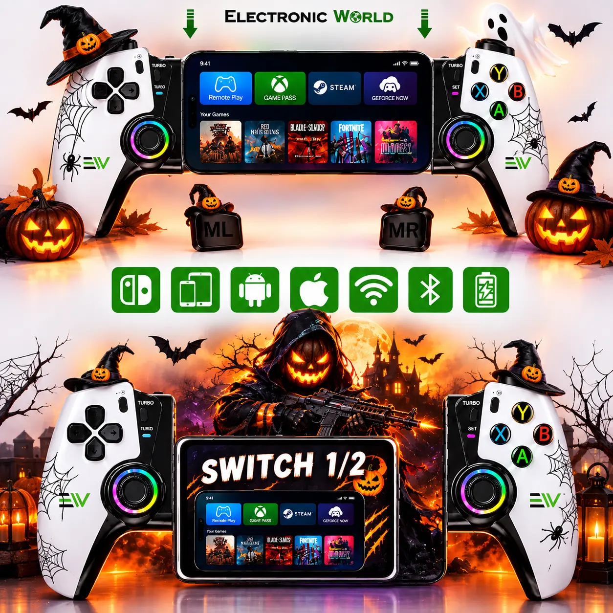 EW ELECTRONIC WORLD Rechargeable Wireless Gaming Joystick Controller - Stable Bluetooth, Ergonomic Grip, Plug-and-Play Electronic Device for Smartphone, Android, iPhone 15/16 Series, iPad Mini USB-C, Switch 1/2, Mobile Cloud Gaming