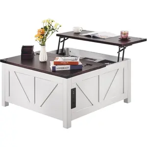 VEVOR 36 Farmhouse Coffee Table, Hinged Lift Top Square Coffee Table with Built - in Power Strip, Wooden Rustic Cocktail Table for Living Room, Bedroom, Apartment, Studio, Brown WhiteVEVOR Super Brand Day