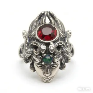 Vintage 925 Sterling Silver Medusa Statement  Ring Adjustable to  size US9.5 Natural Gemstone