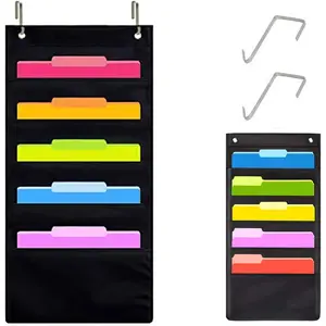 Hanging Wall File Organizer, 5 Pocket, Black Wall Storage Pocket Charts with 2 Hangers, Oxford Cloth Storage Pocket, Over The Door File Organizer, Great for Classroom, Home or Office Use (5 Pocket)
