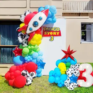 Toy Inspired Cartoon Balloons Arch Garland Kit Red Blue Yellow Green Balloon +Cow Boy Star Rocket Balloons For Kid Toy Theme Two Infinity And Beyond Birthday Decorations