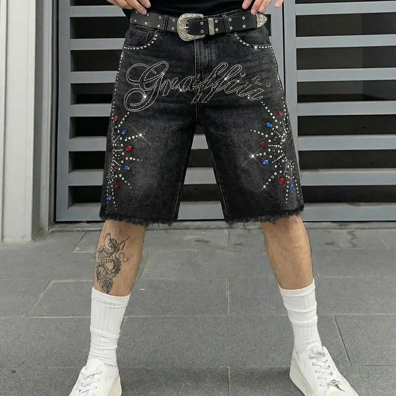 Men's Fashion Urban Streetwear Denim Shorts, Loose-Fit Summer Casual Pants, Trendy Embellished Design, Comfortable & Stylish