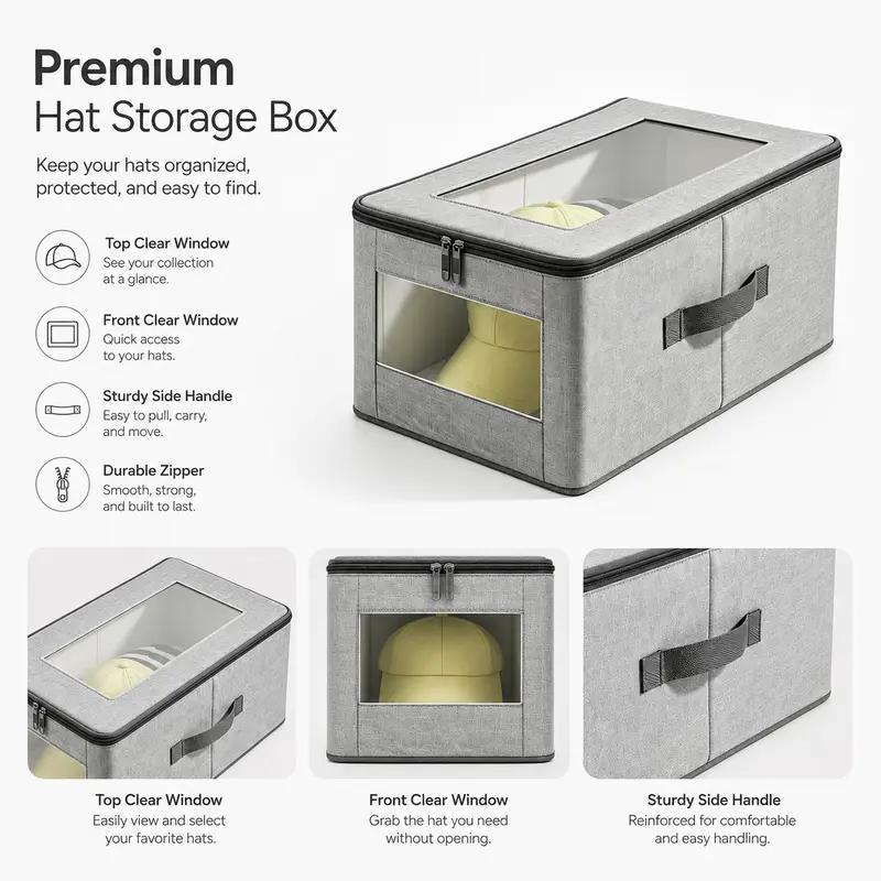 Large Stackable Hat Storage Boxes for Baseball Caps with Handle, Hat Organizer Rack for Wardrobe, Closet, Bedroom, Shelf and Home Organization, Space-Saving Storage for Hats and Men’s Gifts carry