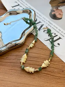 Natural Dongling Jade Fish Pendant Necklace, Vintage Antique Beaded Chain, Unique Design Collarbone Chain, Versatile Fashion Jewelry