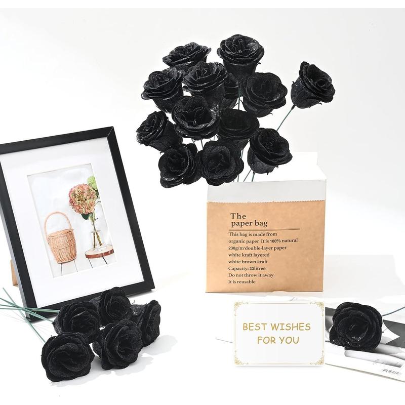 Black Glitter Roses Bouquet, DIY   Bouquet, Artificial Rose Bouquet for Valentine's Day, Anniversary, Engagement, Wedding, 24 Roses