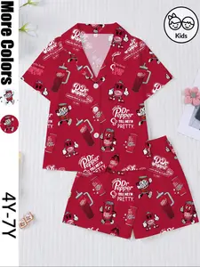 Cartoon Print Short Sleeve Sleepwear Set, Fitted Casual Home Wear, Comfortable Fireproof Pajamas for Daily Use