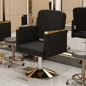 Professional Reclining Barber Chair,Hydraulic Salon Chair 360° Swivel, Professional Barber Chair with Hydraulic Pump, Non-Tilting Hairdressing Styling Chair for Salon Spa Tattoo, Black Gold Salon Equipment (Single) Leather