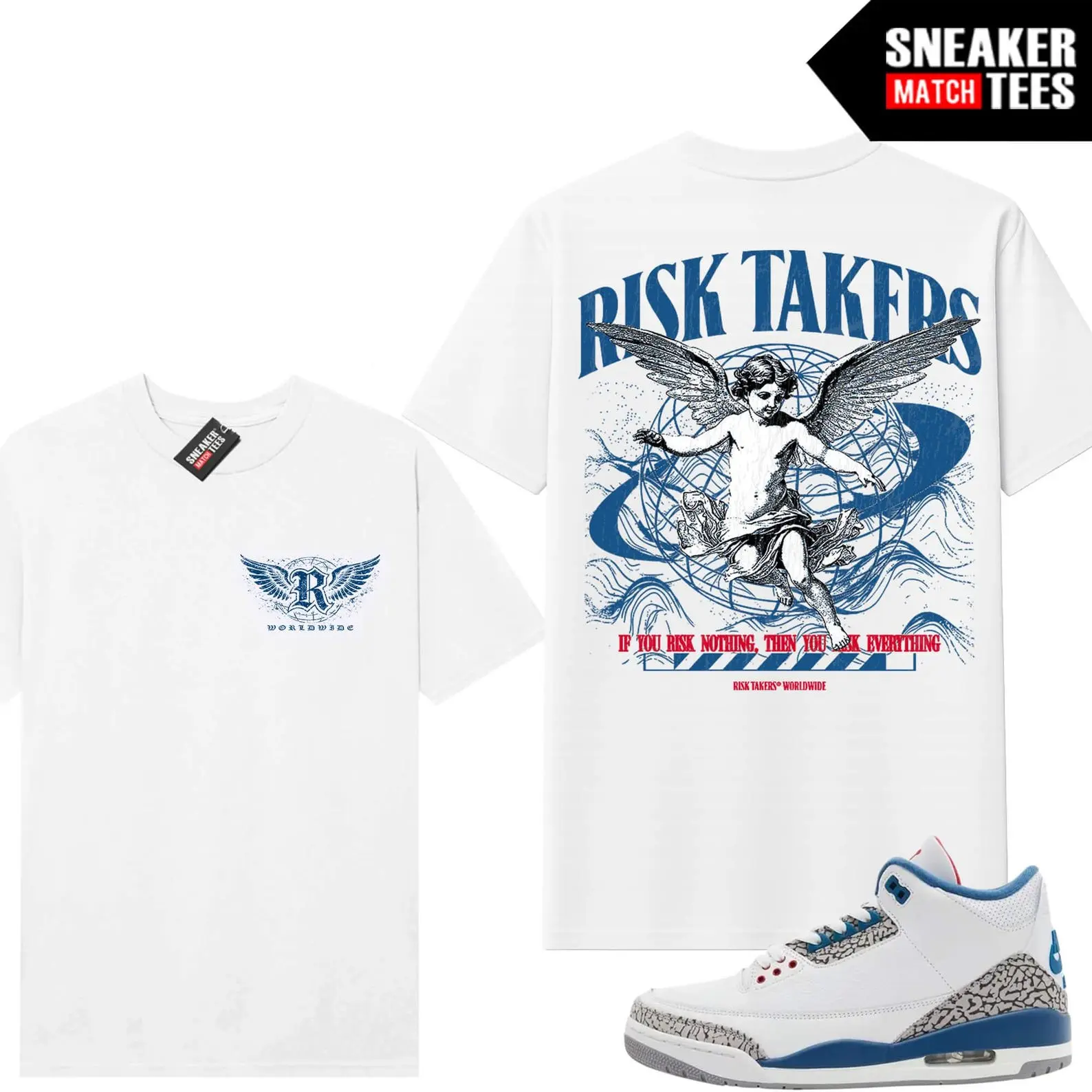 True Blue 3 AJ3 Sneaker Match Graphic Tee White V2 Risktakers Worldwide Graphic Tee, 90s HipHop Streetwear, Gift For Women and Men, Best Gift