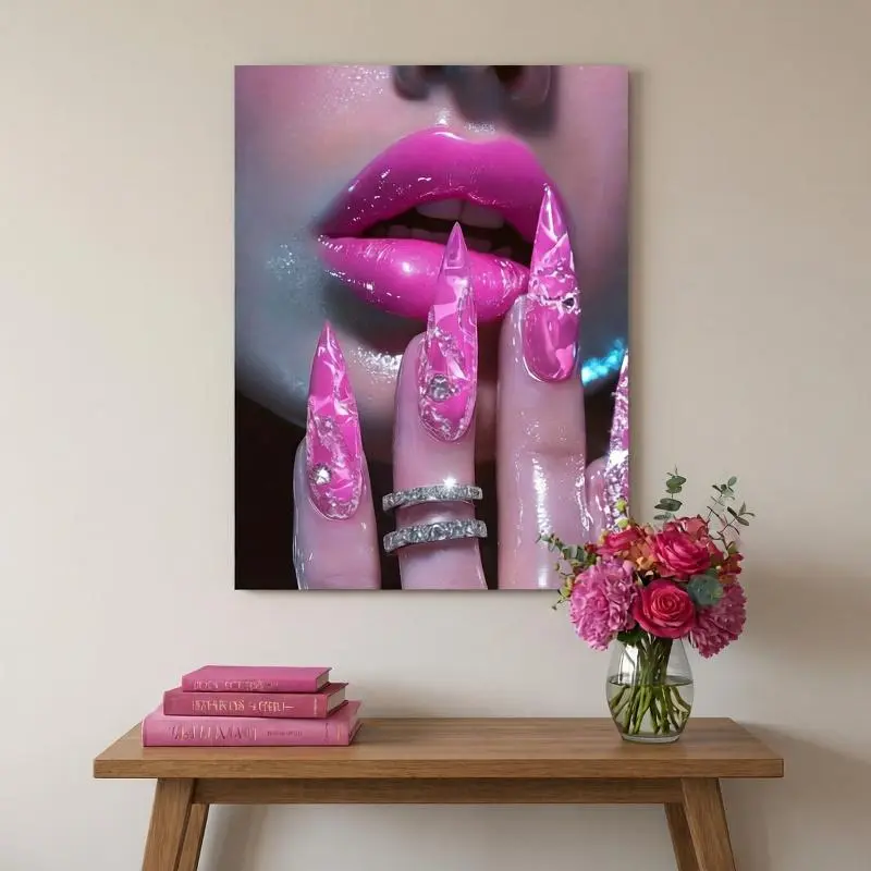 Glossy Red Lips & Rhinestone Nail Art Wooden Framed Artistic Painting - Shimmering Pink Gloss Effect, Beauty Salon Wall Decor, Ready-to-Hang Home Decor Gift for Bedroom