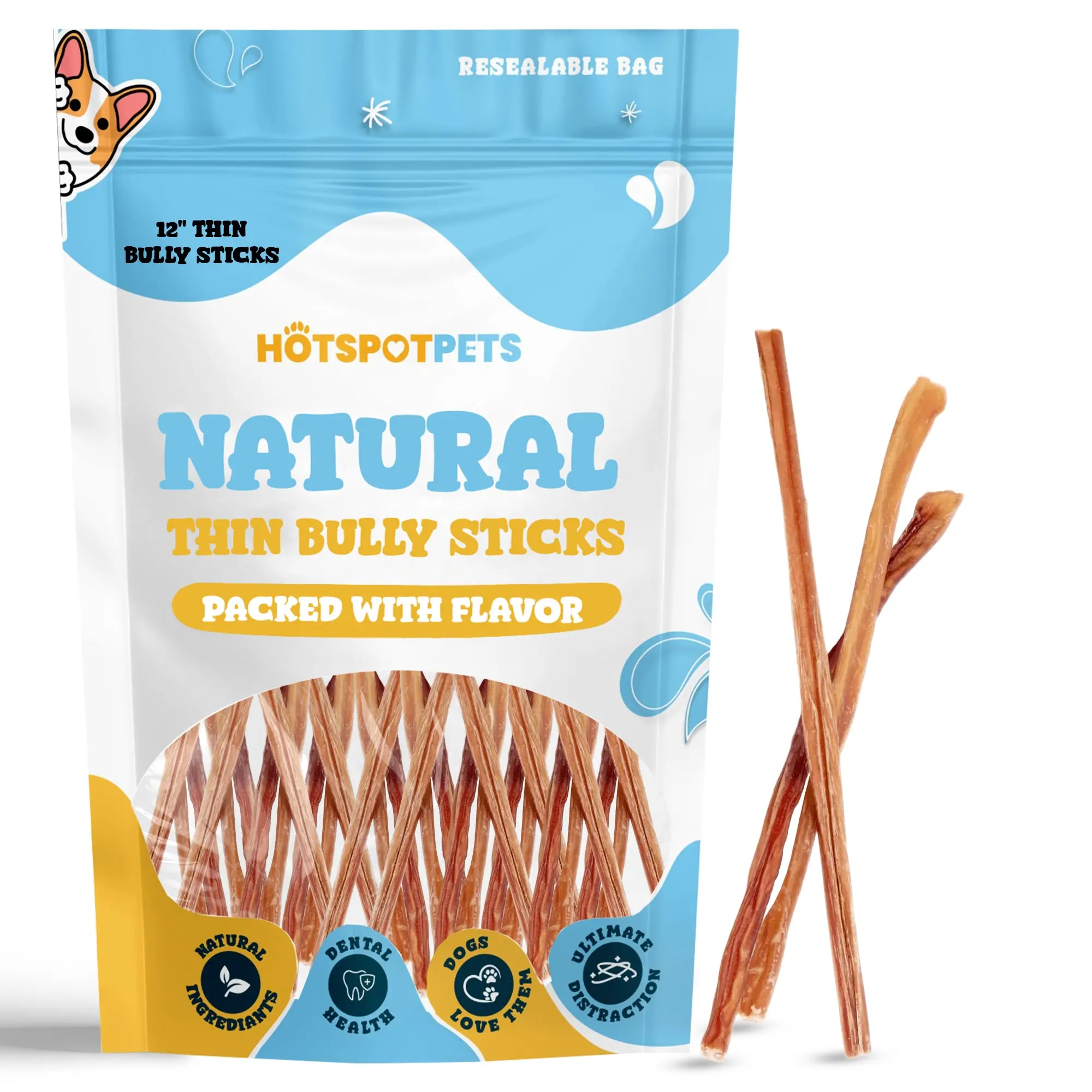 12" Thin Natural Bully Sticks for Large Dogs, Gluten-Free, Protein-Packed, Long-Lasting Protein-Packed Entertainment Preferred by Hard Chewers