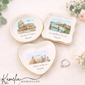 Custom Skyline Ring Dish, Personalized Engagement Trinket Tray, Watercolor Landscape Wedding Keepsake