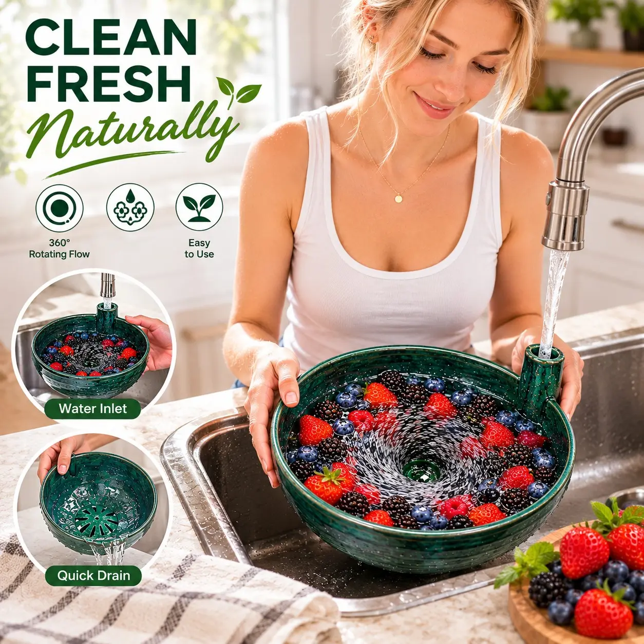 1PC Self Spinning Berry Washing Bowl, Self-Rotating Fruit Washer with Drain Hole, 360° Swirl Colander for Berries, Grapes, Vegetables & Kitchen Counter, Kitchen Gadgets, Household Kitchen Supplies, Food Colander Kitchenware