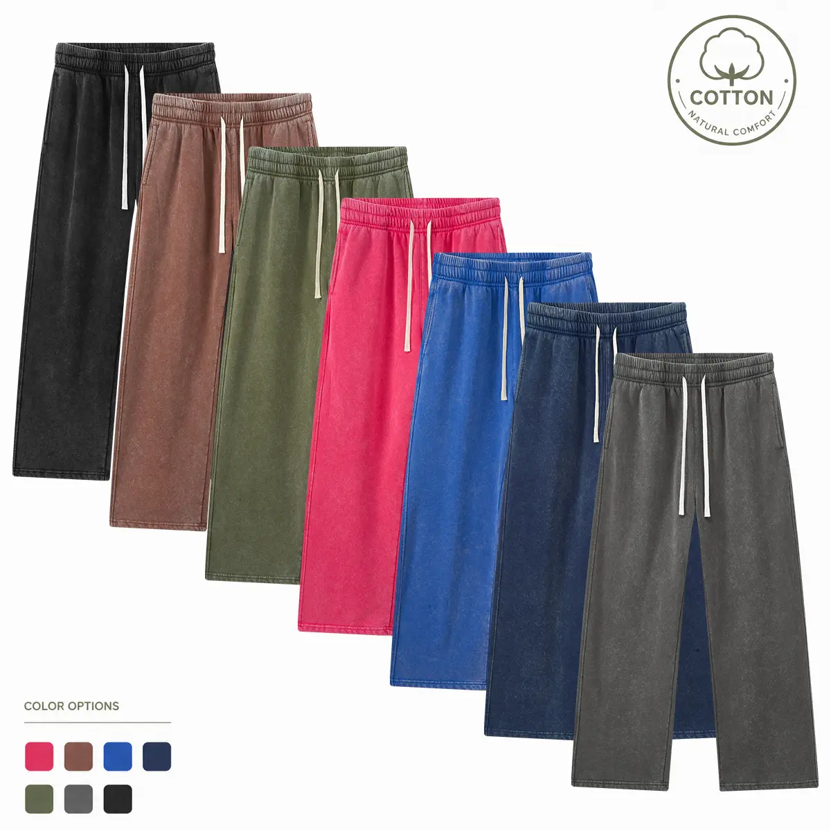 Women’s heavyweight fleece sweatpants made from snowflake cotton, loose straight-leg fit, vintage distressed wash, versatile drawstring long pants