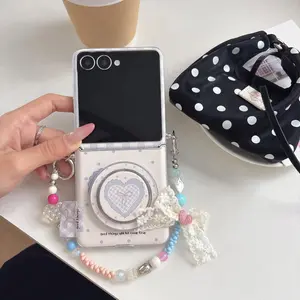 Cute Magnetic Blue Love Heart Pattern Case with Bracket Bow Bracelet Chain for Samsung Galaxy Z Flip7 Z flip6 ZFlip5 Back Cover
