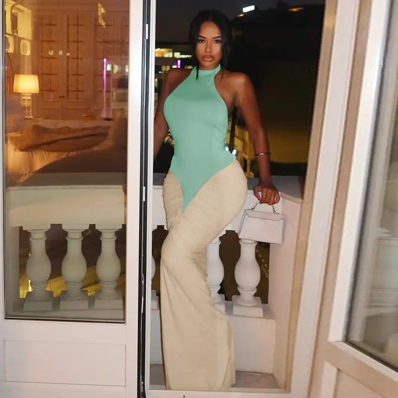 Open Back Color Block Ruched Halter Mermaid Maxi Dress for Women's 2026 Fall New Slim Fit Party Dating Club Elegant Dress Beach Vacation Outfit Sleeveless Dresses