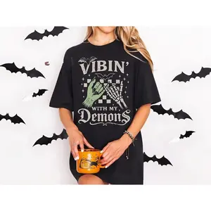 Funny Halloween Vibin With My Demons Tshirt, Spooky Season Halloween Vibes Tee, Retro Halloween Vibes Shirt Tops Womenswear Streetwear