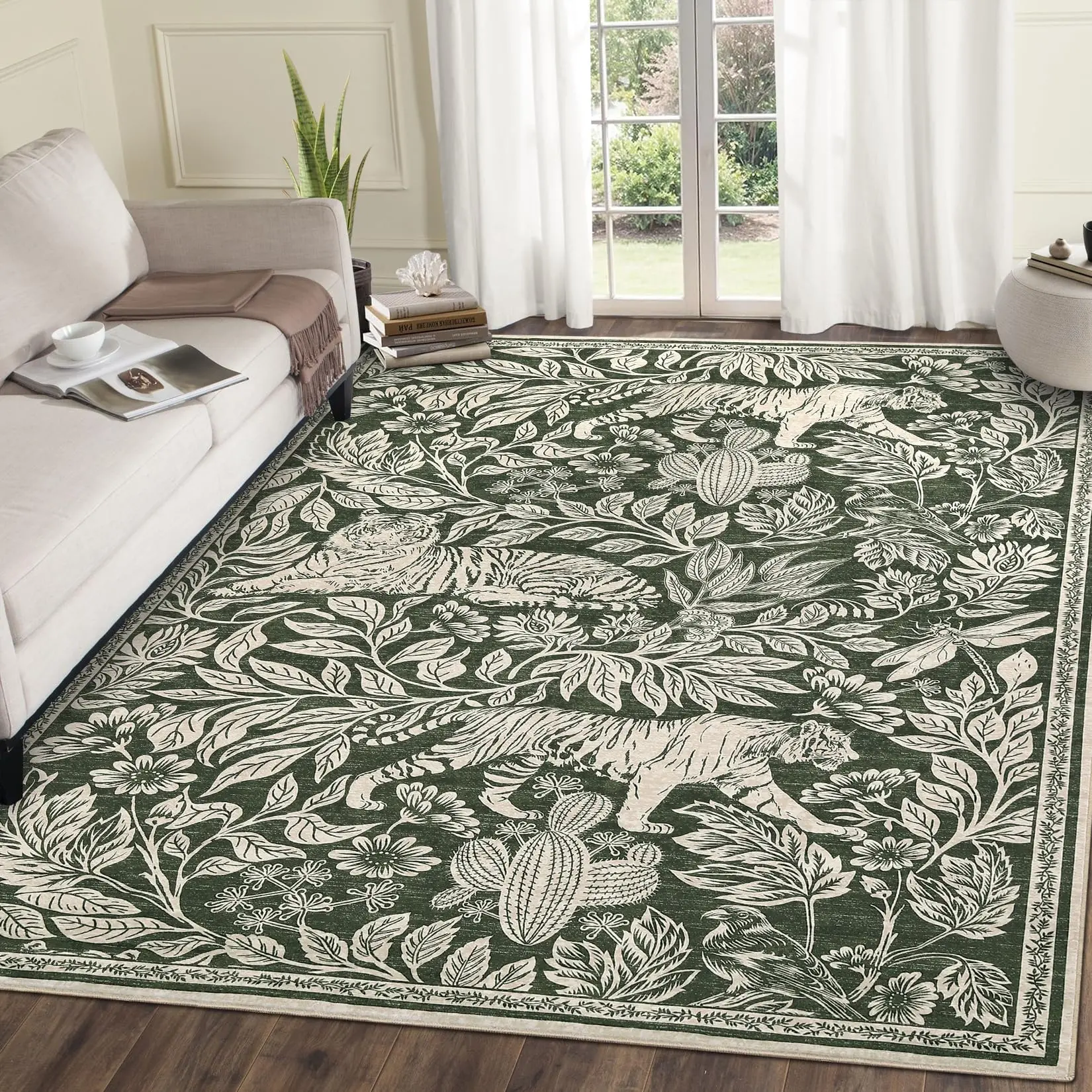 GARVEE Tiger 5x7 Area Rug Washable Modern Living Room Rugs Non Slip Green Rugs for Bedroom Ultra Thin Vintage Throw Carpet Retro Accent Floor Cover Indoor Contemporary Mat for Dining Room Home Office