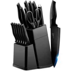 Kitchen Knife Set with Block and Sharpener, 15 Pieces Knife Block Set, High Carbon Stainless Steel Chef Knife Set, Includes Utility Paring Santoku Steak Knife, Sharp&Rust Resistant, Black Blade Chopping
