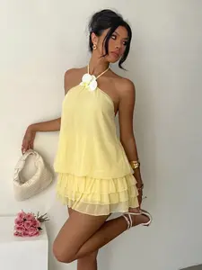 Versatile Tiered Chiffon Dress - Chic Sweet Outfit, Wrinkle Resistant for Daily & Hangout Women's Light Chiffon Halter Dress with 3D Floral Design, Elegant Summer Party Dress, Casual Beach Wear, Sweet Style