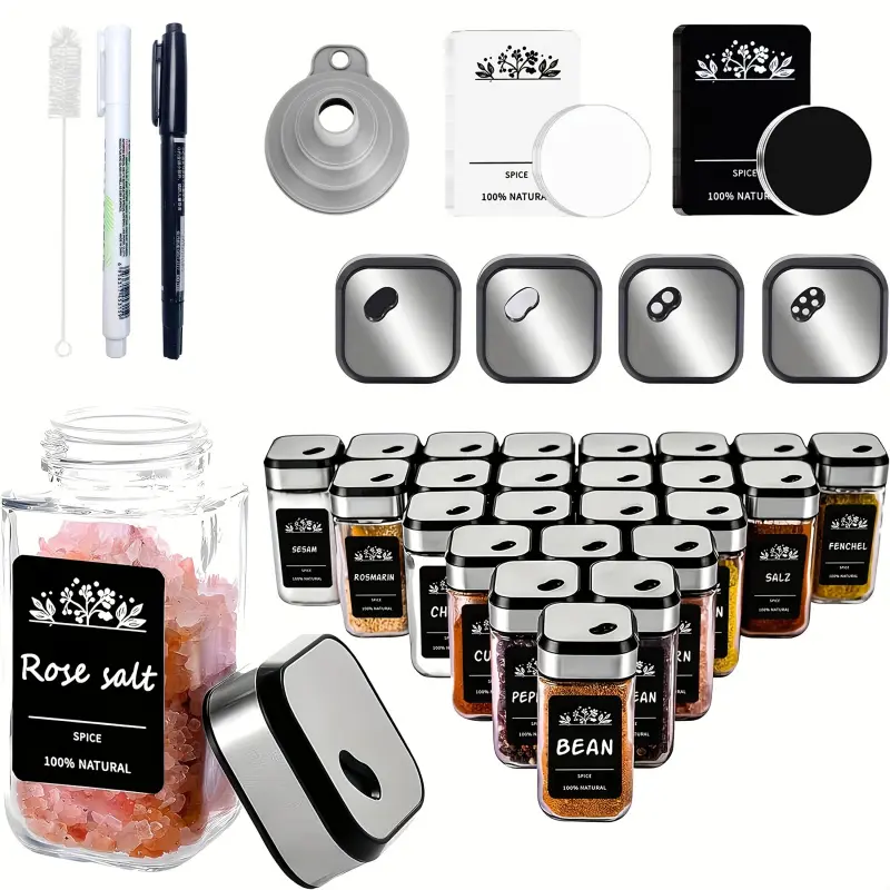 24/12/6 Square Spice Jar Set with Shaker Cup Liner, 120ml Thickened Glass Kitchen Spice Jars, Stainless Steel Twist Lock, Silvery Spice Storage Bo Containers