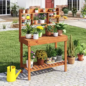 COSTWAY - Wooden Potting Bench Table  61" Garden Planting Workstation with 3-Tier Open Shelf-Brown