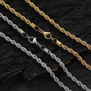 2 Pack Hermah 2-6mm Twisted Rope Link Chain Golden Stainless Steel Necklace for Men Unisex Chain Silvery Valentine Birthday Gifts 16-30inch