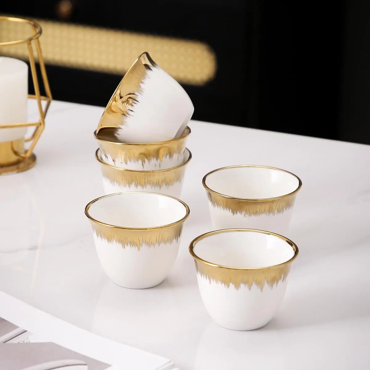 Creative Gold Rim Ceramic Cup Set, 6/ Tea Cup, Shot Glasses & Aviation Cups, Suitable for Tea, Coffee & Drinking, Drinkware, Coffee Cup Saucer, Stylish Drinkware, Ceramic Matcha Set, Beverage Cup Set