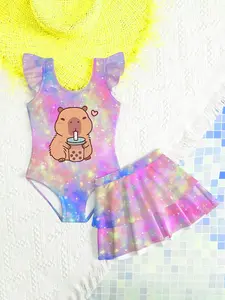 Girls' Cute Cartoon Capybara Print Swimsuit Set, Soft Comfortable Fabric, Perfect for Beach Vacation, 2-Piece for Kids