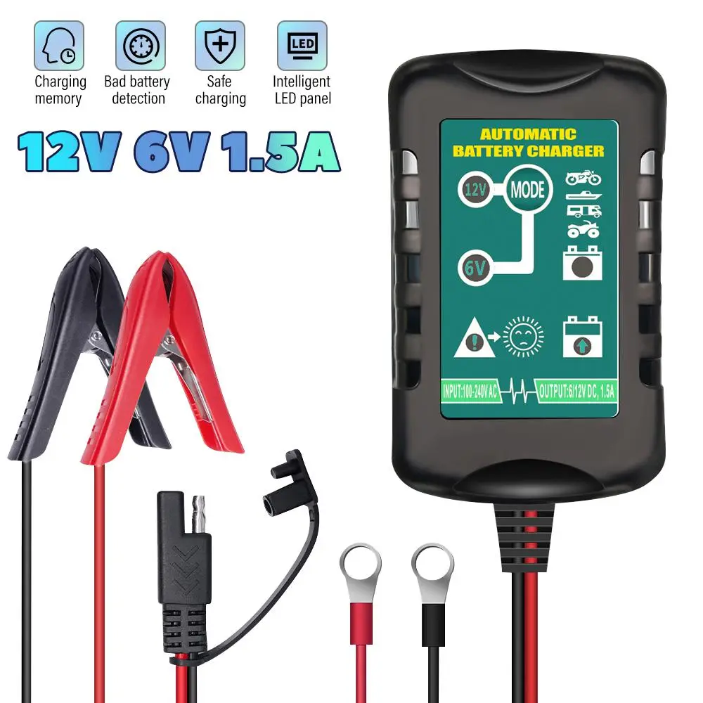 6V 12V Car Battery Charger Maintainer Trickle, 1.5A Smart Fully Automatic Battery Charger Maintainer,Float Charger for auto car Motorcycle Lawn Mower Boat Snowmobile Charger for Car, Lawn Mower, Motorcycle, Boat, Marine