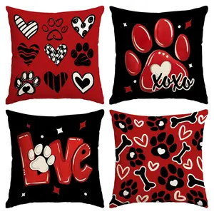 4pcs Valentine's Day Pillow Cover, Dog Claw, Bone Printed Cushion Cover, Valentine's Day Pet Lover Gift, Valentine's Day, Wedding Anniversary, Wedding Room Living Room Sofa Bedroom Seat Decoration Pillow Cover (without pillow core)