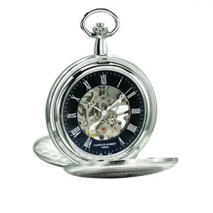 212 MAIN Charles-Hubert Paris DWA067 Unisex Mechanical Pocket Watch - 47 mm Chrome Finish Double Hunter Case, Casual Round Dial