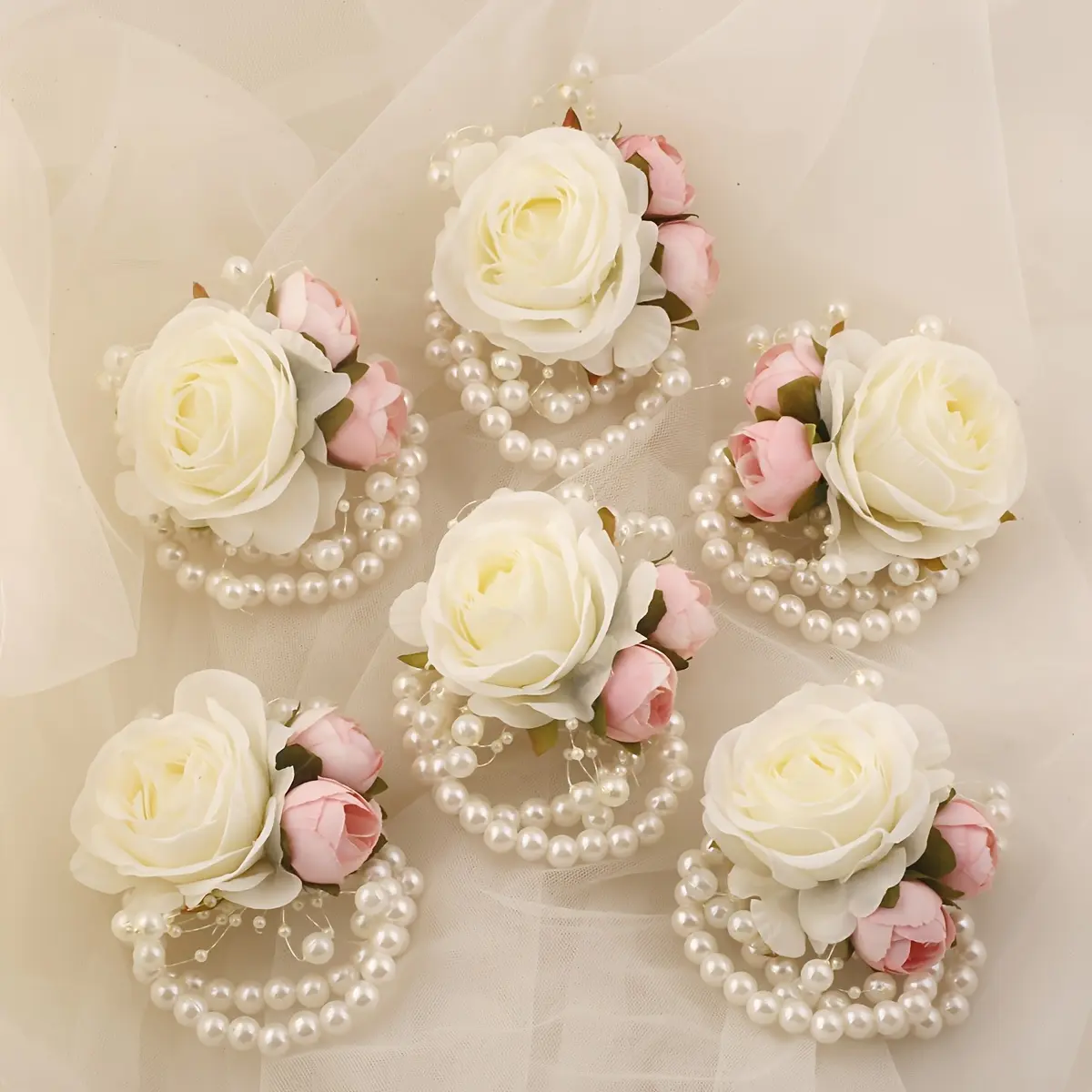 6pcs Romantic Ivory-Colored Rose Wrist Flowers for Bridesmaids And Sister Groups, Adorned with Beaded Pink Flowers, Suitable for Valentine'S Day, Evening Parties, And Spring Weddings