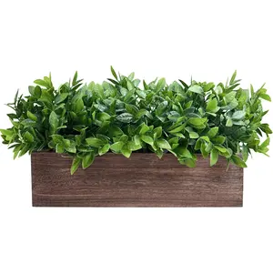 14" Artificial Boxwood Plants in Rectangular Wood Planter for Wedding Dining Room Table Kitchen Windowsill Mantel Shelf Decor
