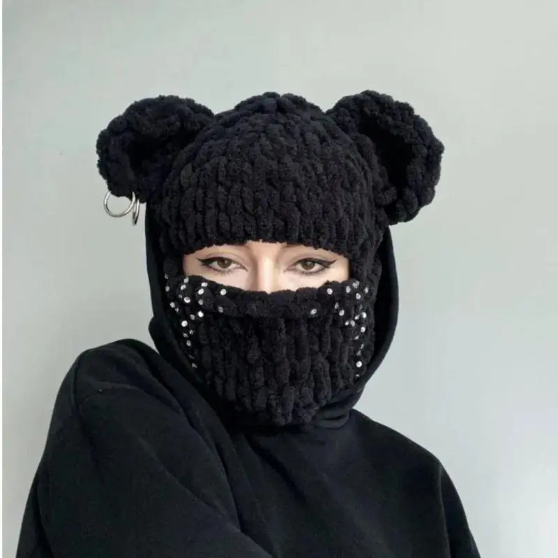 Novelty Bear Ear Balaclava Beanies Chain Outdoor Ski  Winter Hat for Women and Men Ear Protection Knitted Hat Christmas Gift Unisex hat