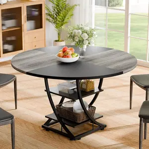 POZILAN Round Dining Table for 4-6, 47 inch Circle Kitchen Table with 2-Layer Storage Shelf, Modern Wood Dinner Table with Heavy Duty Pedestal for Dining Room, Living Room, Kitchen, Farmhouse, Black & Grey