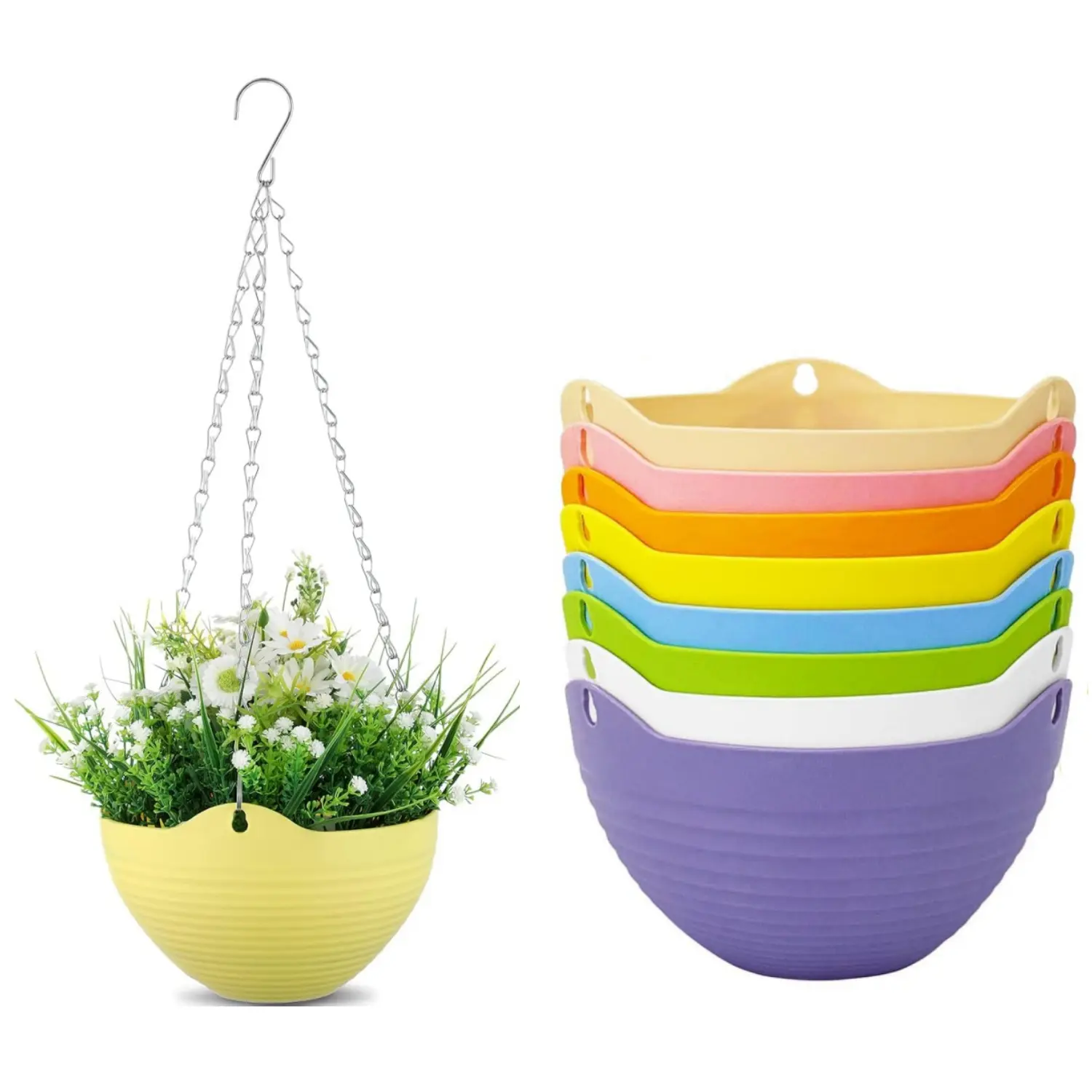 8-Piece Multicolor Round Hanging Planter Pots with Water Tray & Metal Chain - Indoor Outdoor Garden Home Decor for Home Improvement, Round Shape