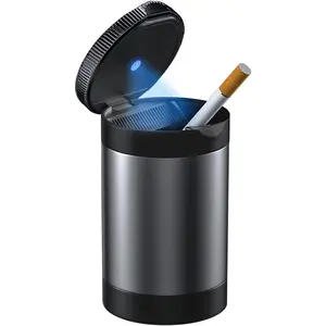 Ashtray with Lid,Smokeless Ashtray for Cup Holder Smell Proof,Detachable Stainless Steel Car Ash Tray with LED Auto Light, for Most Car, Office, Home (Grey)
