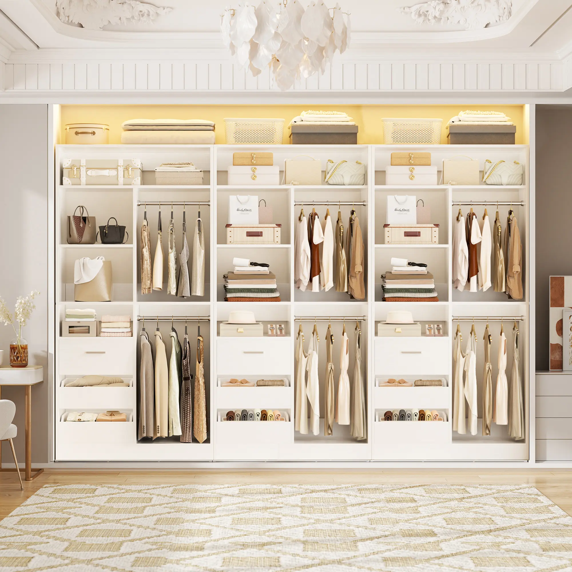 36"-108'' W Freestanding Closet System With Wooden Drawers and Hanging Rods,Modular Walk-in Closet Organizer System Wardrobe Rack with Storage Shelves