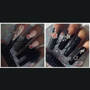 10 Pieces Long Handmade Press-On Nails with Black Rhinestones & Black French Tips Elegant Design for Casual & Formal Occasions