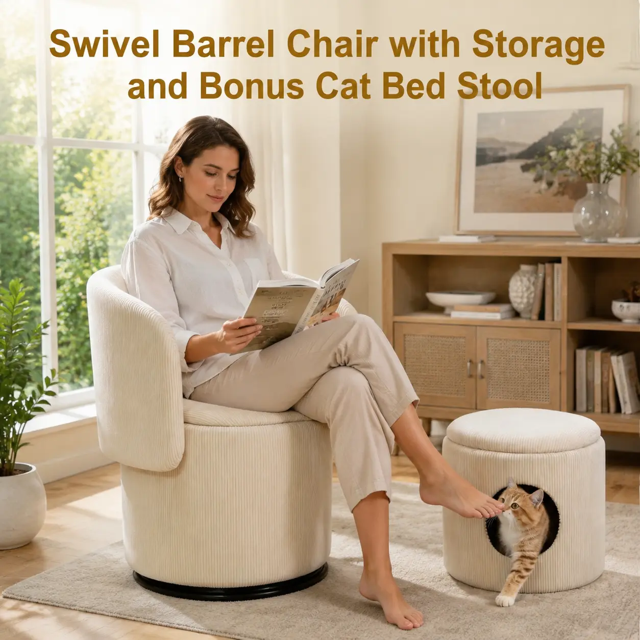 littleox Decorative chair with storage 360 degree rotating corduroy vanity and dining chair soft padded seat free cat bed stool included beige ideal for bedroom dressing room and living room