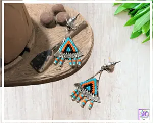 Orange Silver Beaded Triangle Earrings - Geometric Dangle Earrings - Boho Chic Handmade Jewelry